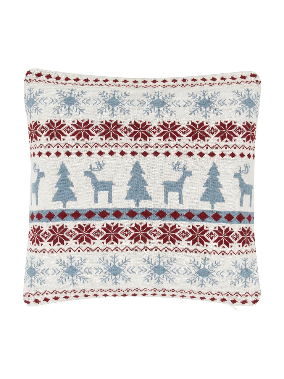 Gebreide kussenhoes David met een winters patroon, 100% katoen, Crèmekleurig, donkerrood, blauw, B 40 x L 40 cm