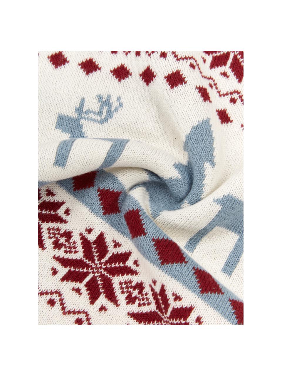 Gebreide kussenhoes David met een winters patroon, 100% katoen, Crèmekleurig, donkerrood, blauw, B 40 x L 40 cm