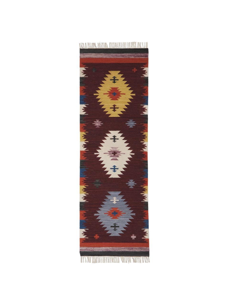 Passatoia kilim in lana tessuta a mano Kilian, 100% lana

Nel caso dei tappeti di lana, le fibre possono staccarsi nelle prime settimane di utilizzo, questo e la formazione di lanugine si riducono con l'uso quotidiano, Rosso scuro, Larg. 80 x Lung. 250 cm