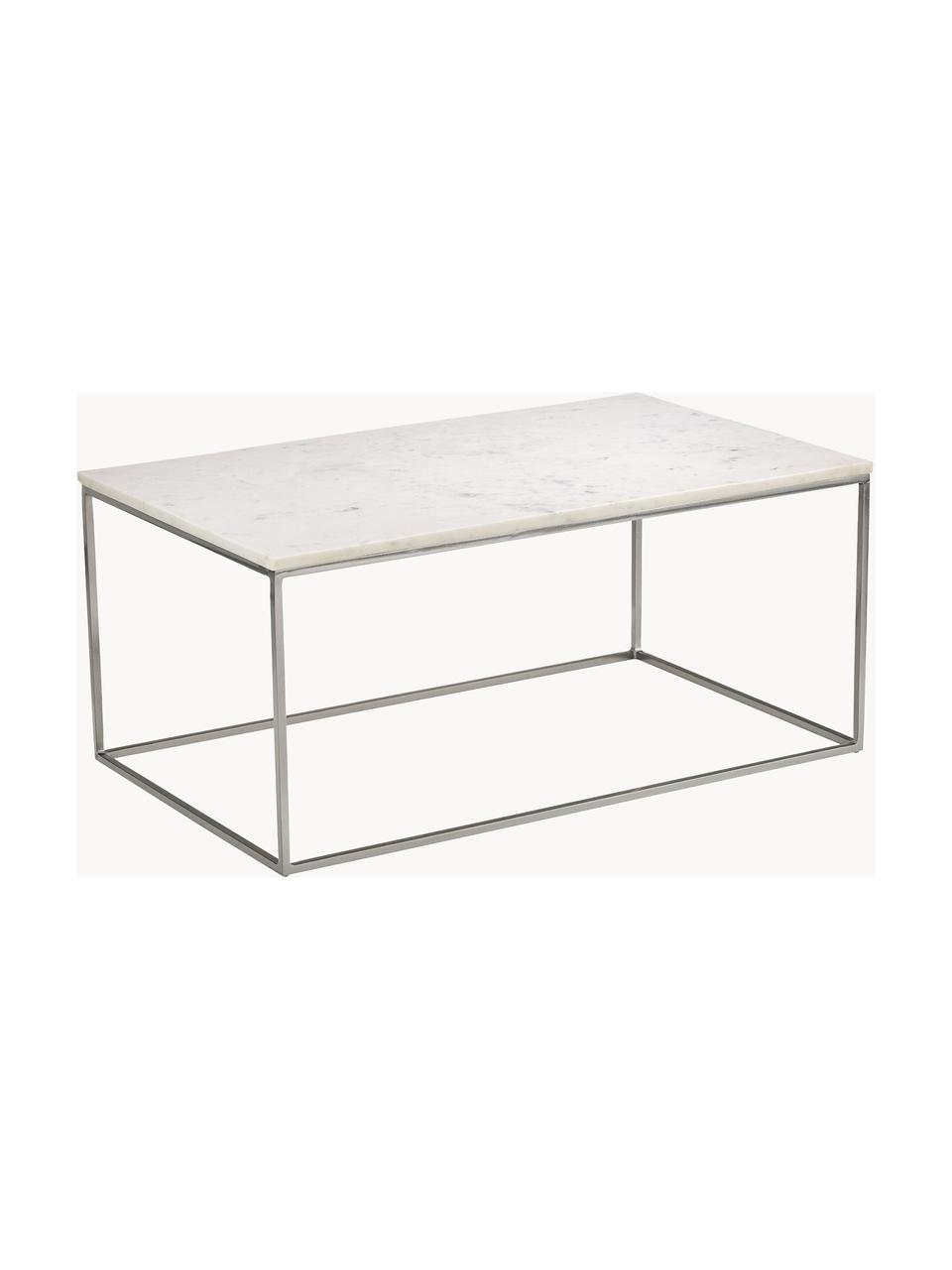 Stolik kawowy z marmuru Alys, Blat: marmur, Stelaż: metal malowany proszkowo, Biały, marmurowy, odcienie srebrnego, S 80 x G 45 cm
