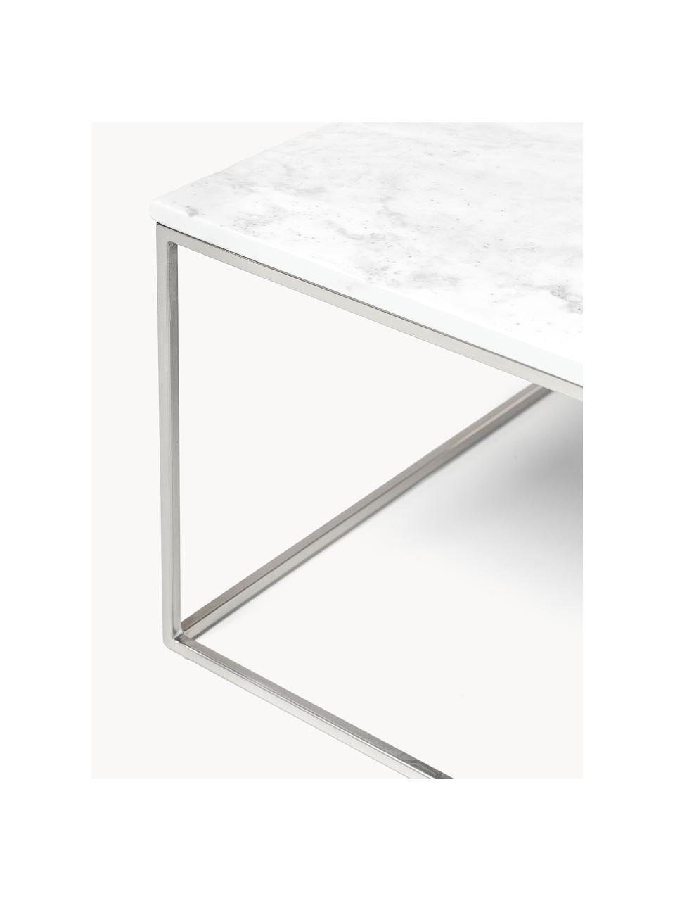 Marmor-Couchtisch Alys, Tischplatte: Marmor, Gestell: Metall, pulverbeschichtet, Weiss marmoriert, Silberfarben, B 80 x T 45 cm