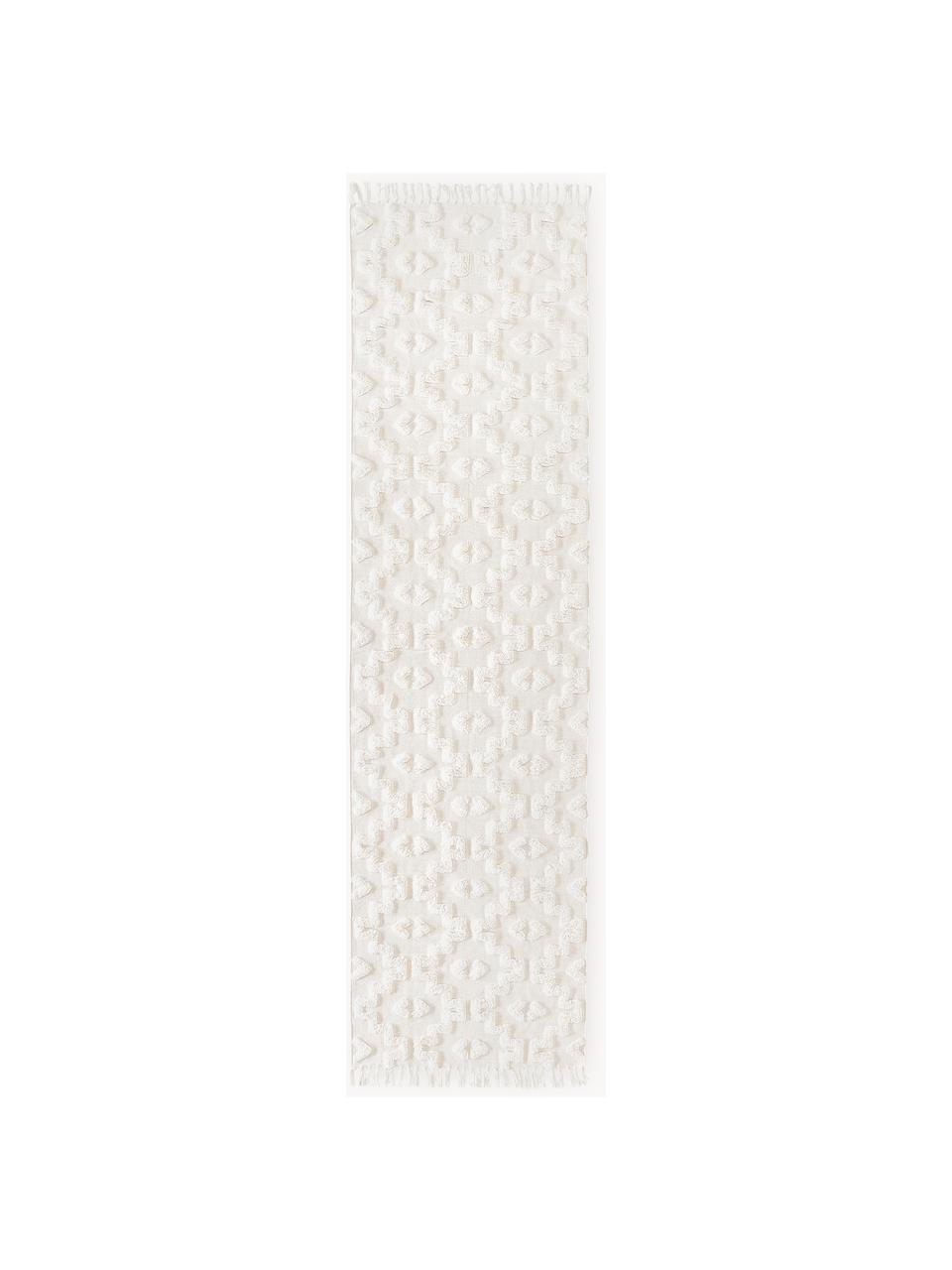 Handgewebter Baumwollläufer Idris mit erhabener Hoch-Tief-Struktur, 100% Baumwolle, Cremeweiß, B 80 x L 200 cm
