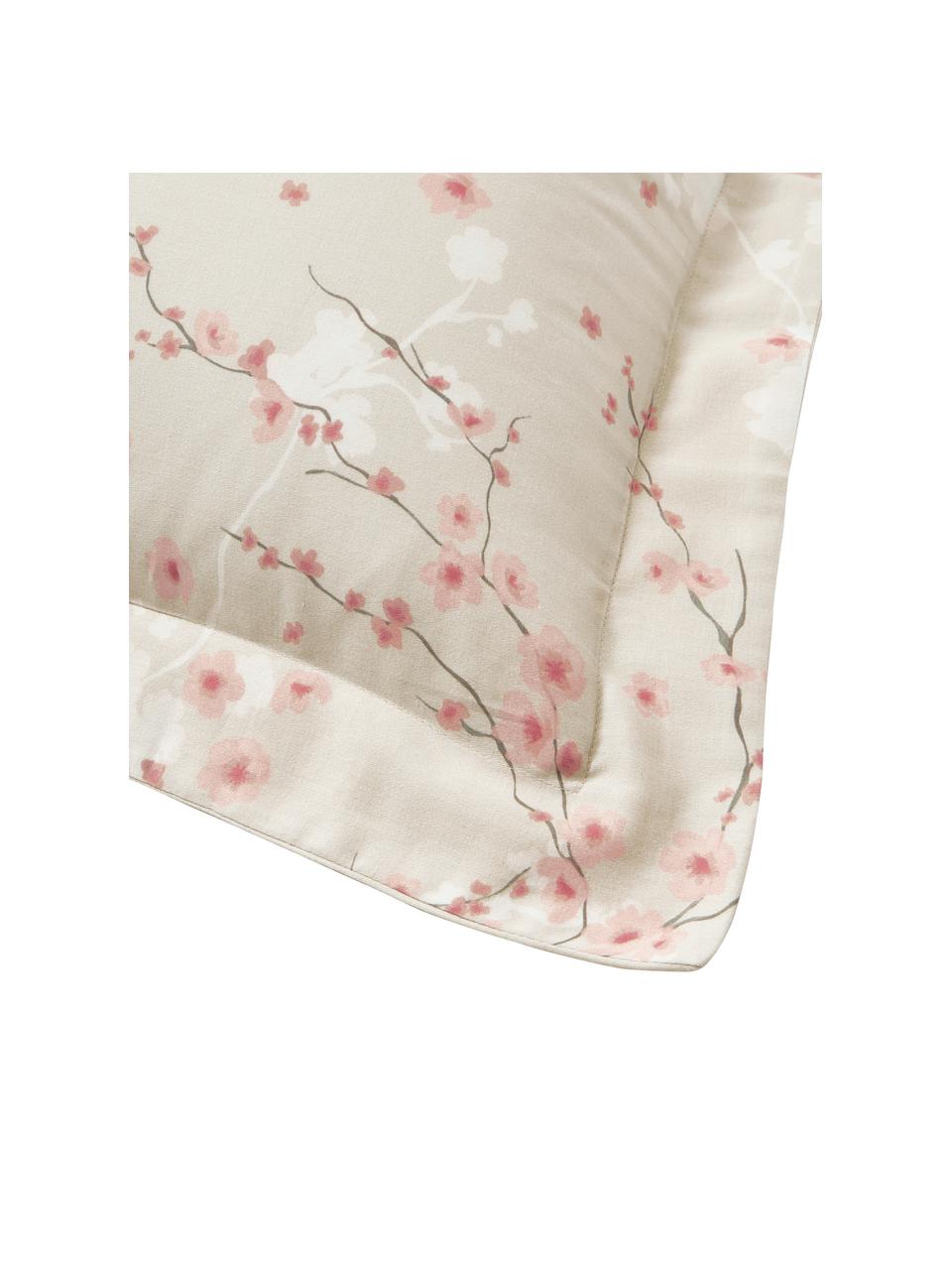 Katoenensatijnen kussenhoes Sakura met bloemenprint, Weeftechniek: satijn Draaddichtheid 250, Beige, roze, wit, B 60 x L 70 cm