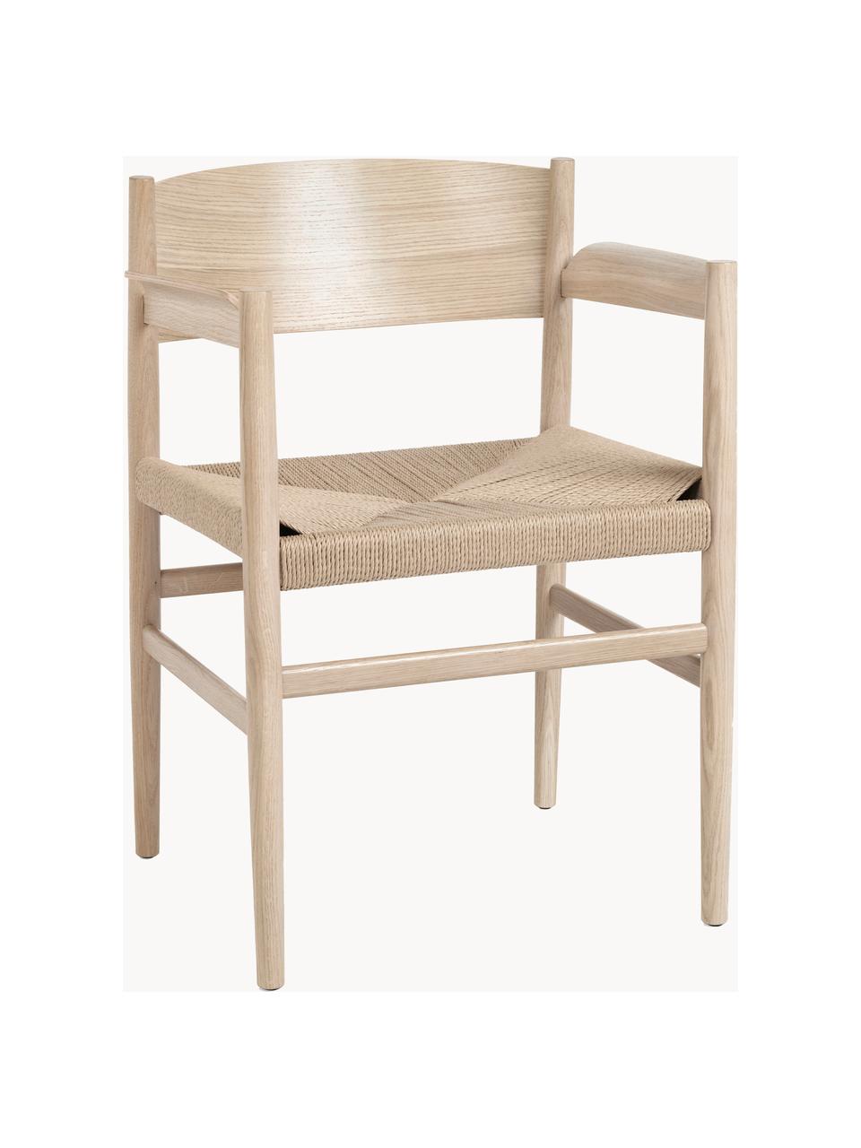 Sedia con braccioli con seduta intrecciata Nestor, fatta a mano, Seduta: rete di carta, Struttura: legno di quercia, certifi, Beige chiaro, legno di quercia chiaro, Larg. 56 x Prof. 53 cm