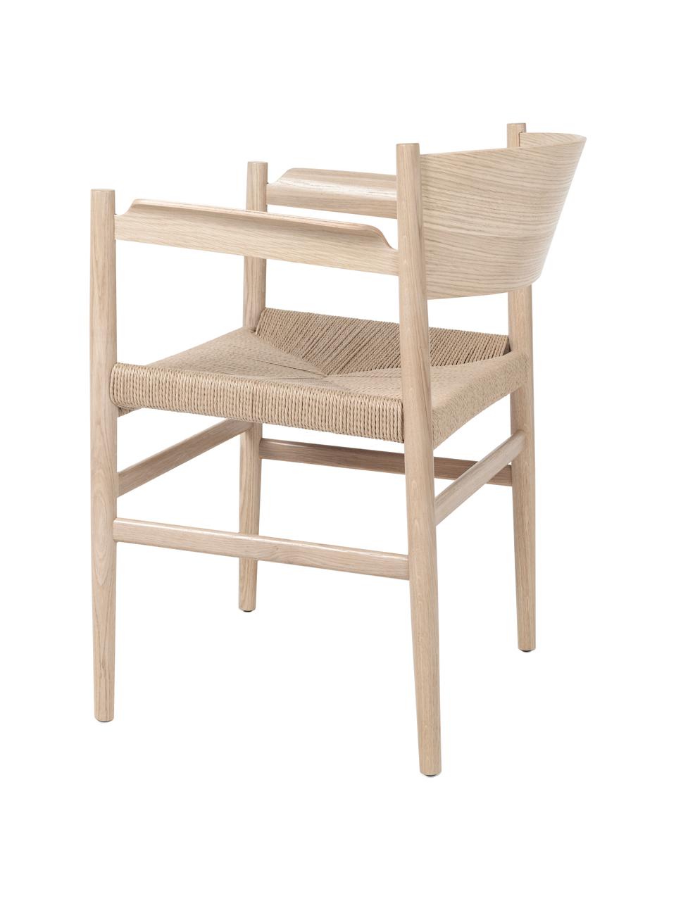 Židle s područkami s tkaným sedákem Nestor, ručně vyrobená, Světle béžová, dubové dřevo, světlá, Š 56 cm, H 53 cm