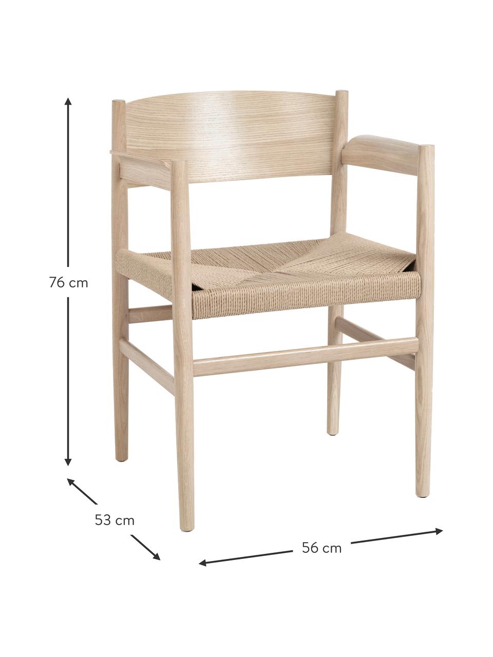 Sedia con braccioli con seduta intrecciata Nestor, fatta a mano, Seduta: rete di carta, Struttura: legno di quercia, certifi, Beige chiaro, legno di quercia chiaro, Larg. 56 x Prof. 53 cm