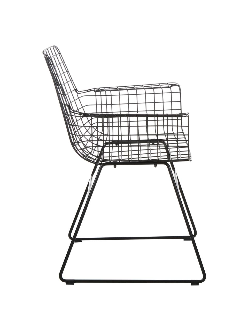 Sedia con braccioli in metallo Wire, Metallo verniciato a polvere, Nero, Larg. 72 x Prof. 56 cm
