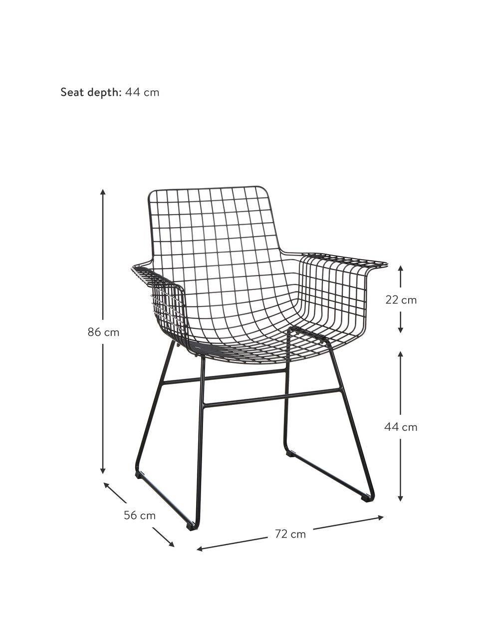 Chaise à accoudoirs en métal Wire, Métal, revêtement par poudre, Noir, larg. 72 x prof. 56 cm