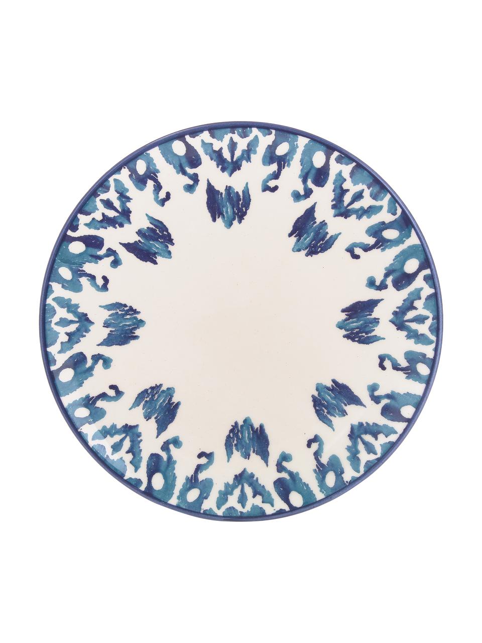 Platos postre artesanales Ikat, 6 uds., Cerámica, Blanco, azul, Ø 21 cm