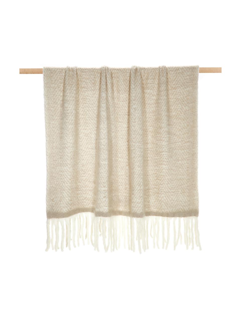 Wollen plaid Mathea met franjes in beige, 60% wol, 25% acryl, 15% nylon, Beige, crèmekleurig, L 170 x B 130 cm