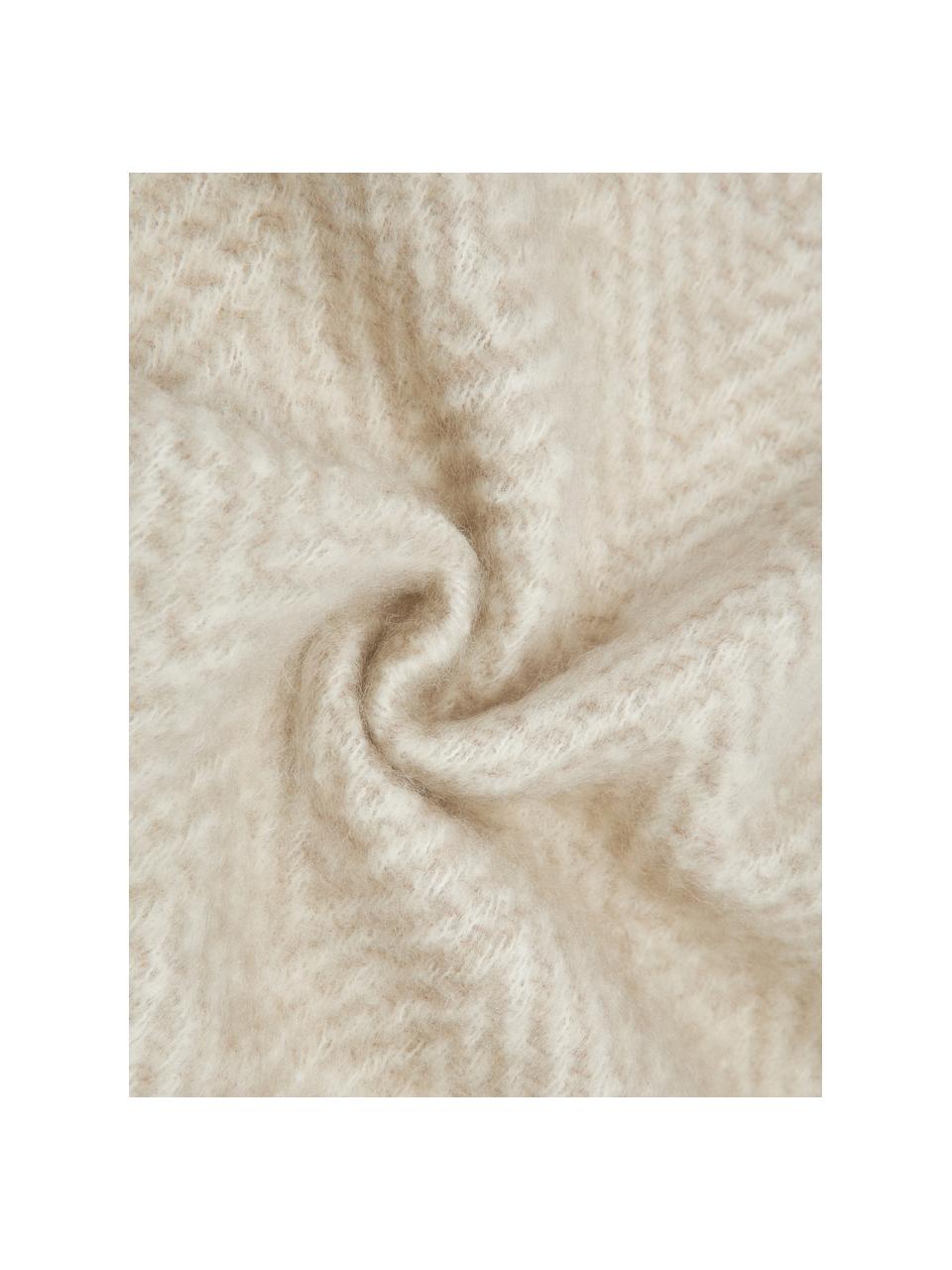 Plaid en laine beige avec franges Mathea, 60 % laine, 25 % acrylique, 15 % nylon, Beige, crème, long. 170 x larg. 130 cm