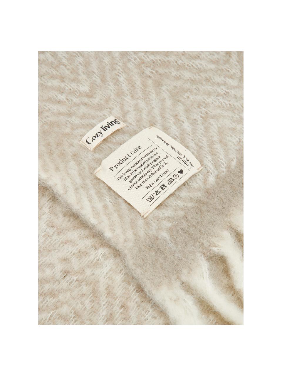 Coperta in lana beige con frange Mathea, 60% lana, 25% acrilico, 15% nylon, Beige, color crema, Lung. 170 x Larg. 130 cm