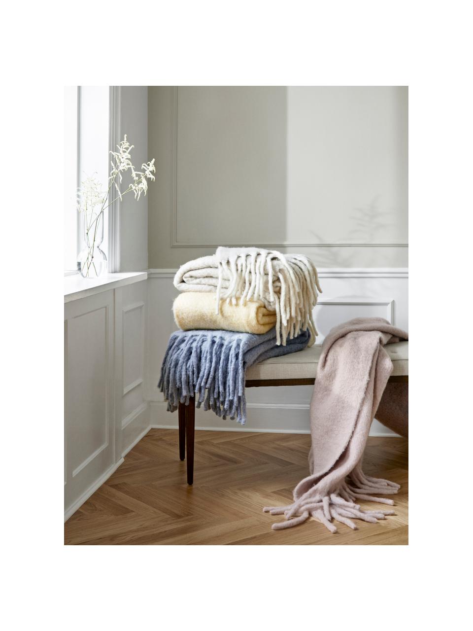 Plaid en laine beige avec franges Mathea, 60 % laine, 25 % acrylique, 15 % nylon, Beige, crème, long. 170 x larg. 130 cm