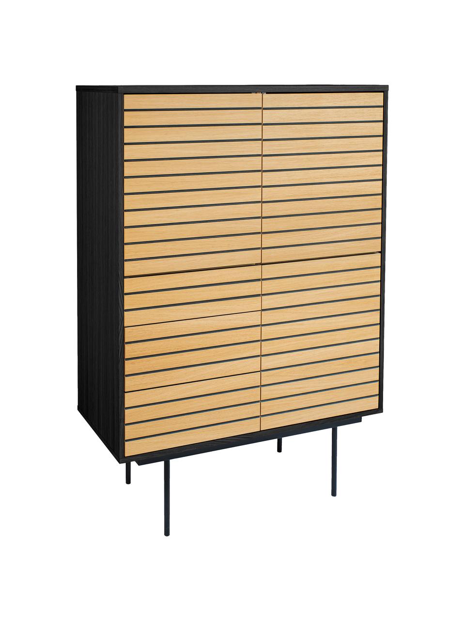 Dressoir Stripe van eikenhout, Frame: MDF met eikenhoutfineer, Frame: metaal, Eikenhoutkleurig, zwart, 101 x 140 cm