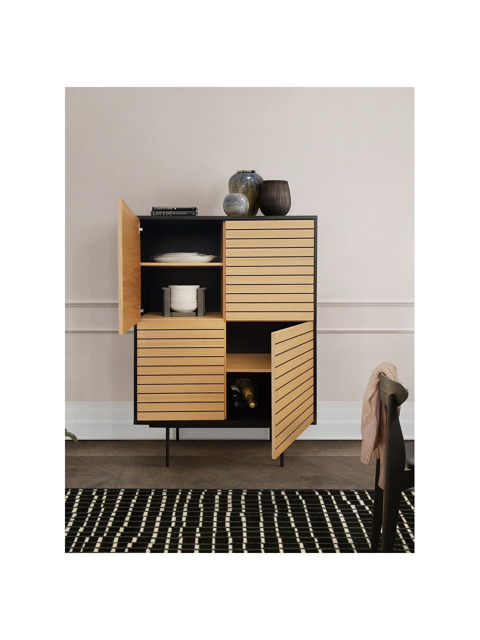 Dressoir Stripe van eikenhout, Frame: MDF met eikenhoutfineer, Frame: metaal, Eikenhoutkleurig, zwart, 101 x 140 cm