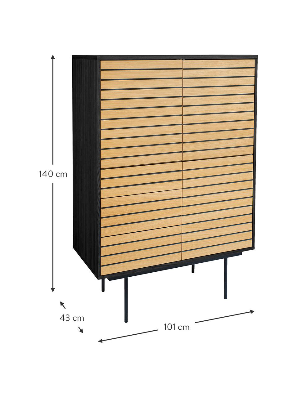 Highboard Stripe aus Eichenholz, Korpus: Mitteldichte Holzfaserpla, Gestell: Metall, Eichenholz, Schwarz, 101 x 140 cm