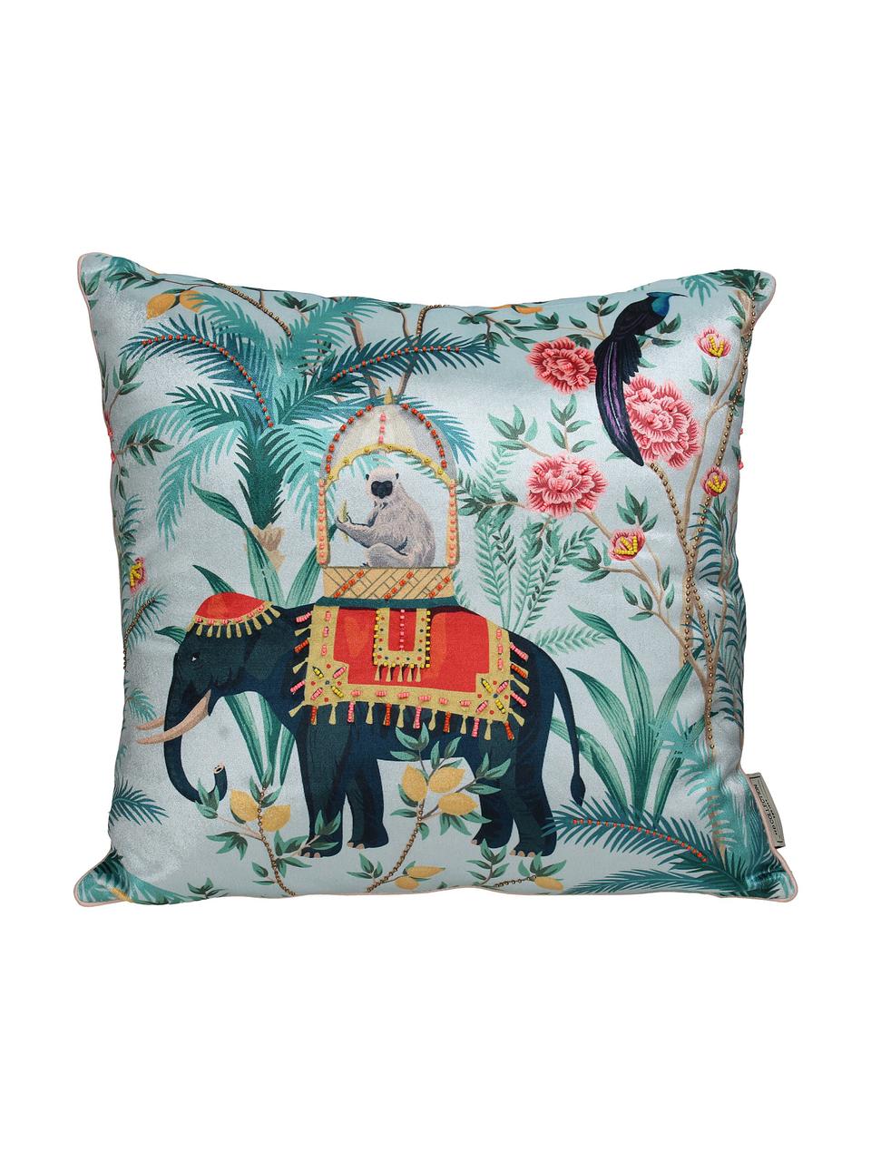 Coussin en velours 45x45 oriental Elephant, Turquoise, rose pâle, larg. 45 x long. 45 cm