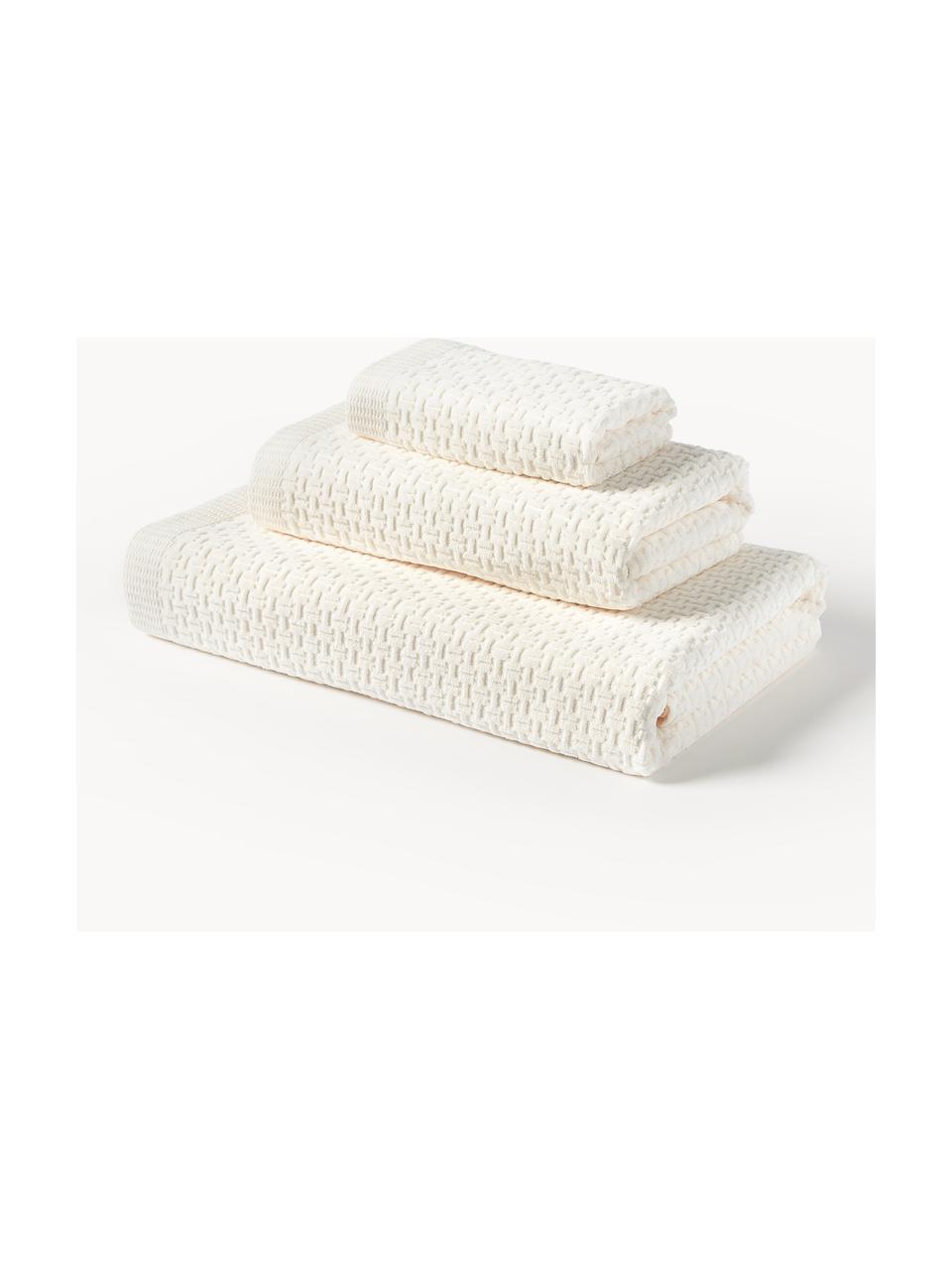 Lot de serviettes de bain Niam, 3 élém., Blanc crème, 3 éléments (1 serviette invité, 1 serviette de toilette et 1 drap de bain)