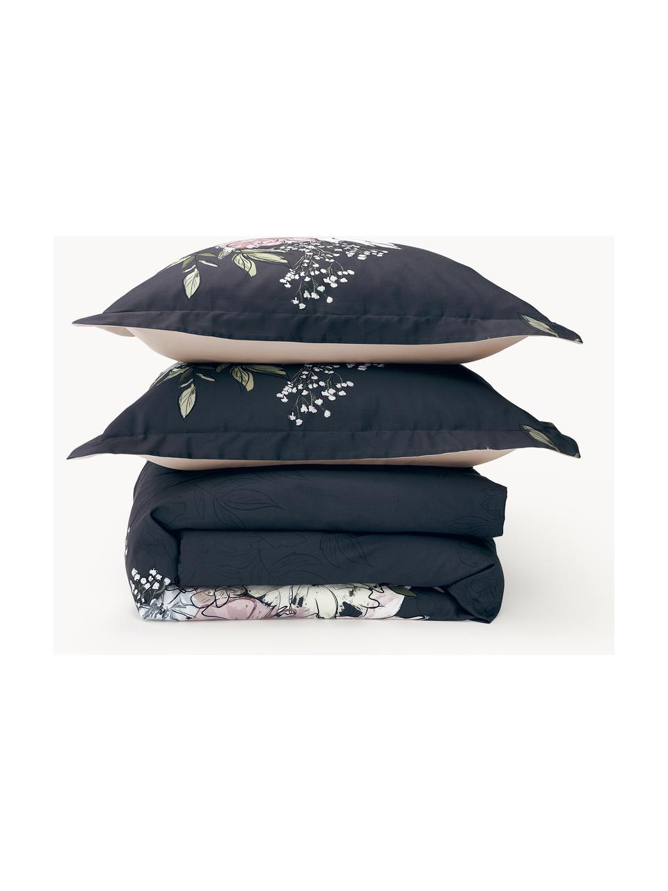 Funda nórdica de satén estampada Margot, Azul oscuro, beige, Cama 180/200 cm (260 x 240 cm)