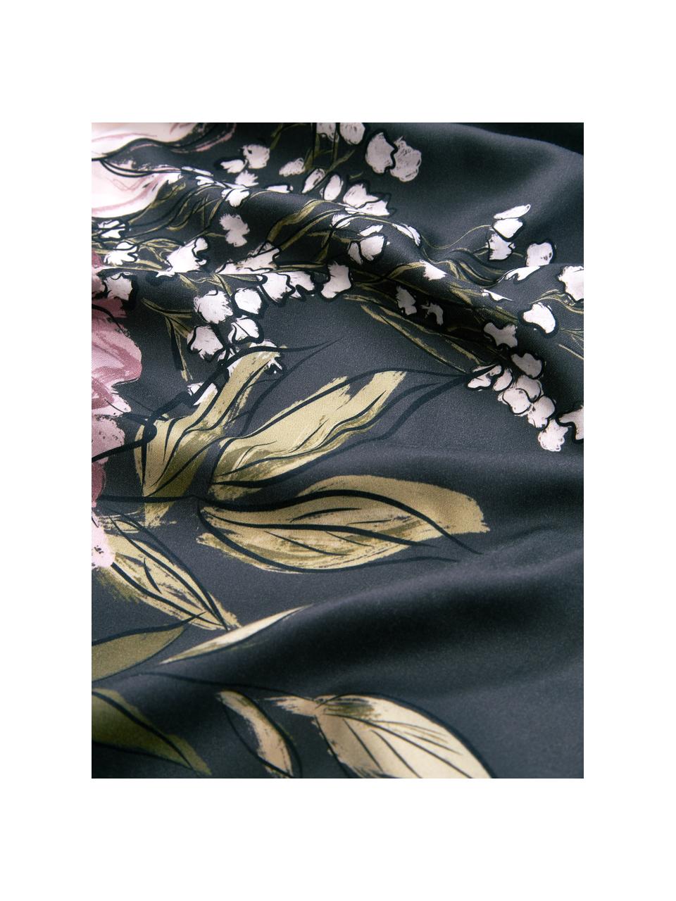 Parure copripiumino in raso di cotone con stampa floreale Margot, Blu scuro, beige, Larg. 260 x Lung. 240 cm