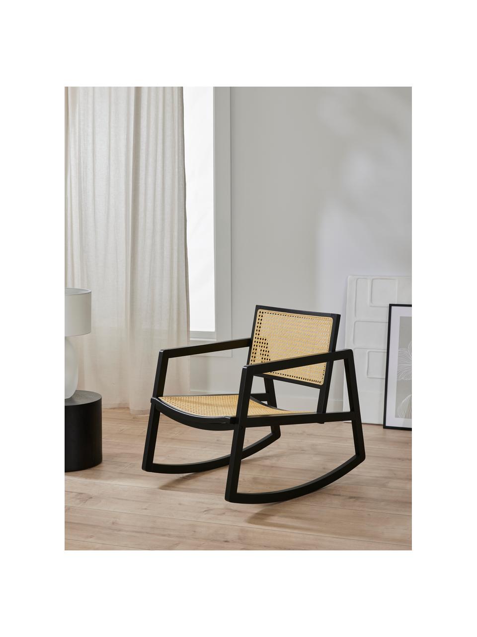 Fotel bujany z drewna jesionowego z rattanowym splotem Craig, Stelaż: lite drewno jesionowe, Czarny, S 58 x W 78 cm