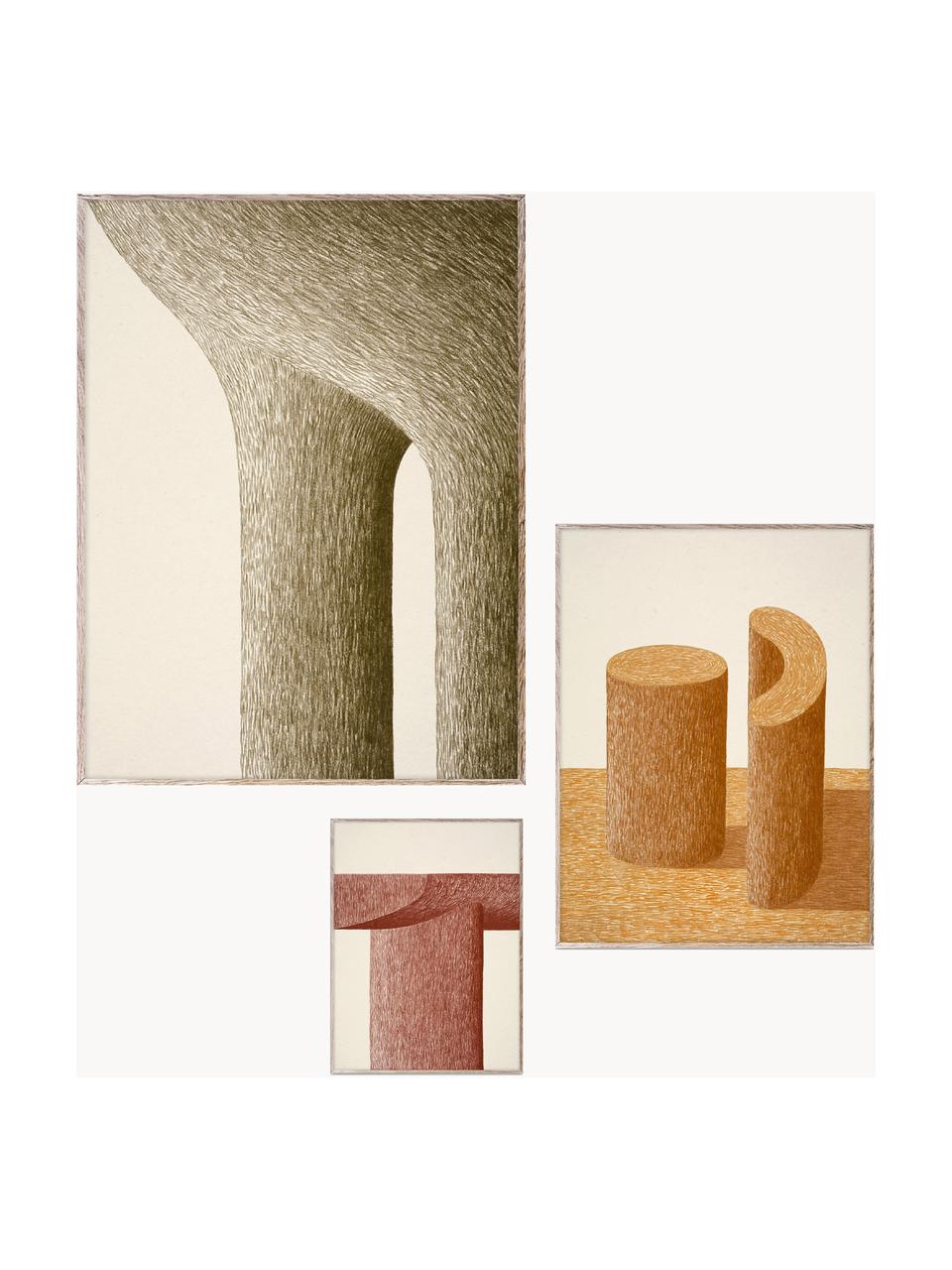 Poster Artwall no. 05 mit Rahmen, 3er-Set, Rahmen: Kiefernholz, Front: Plexiglas, Beige- und Brauntöne, Set mit verschiedenen Grössen