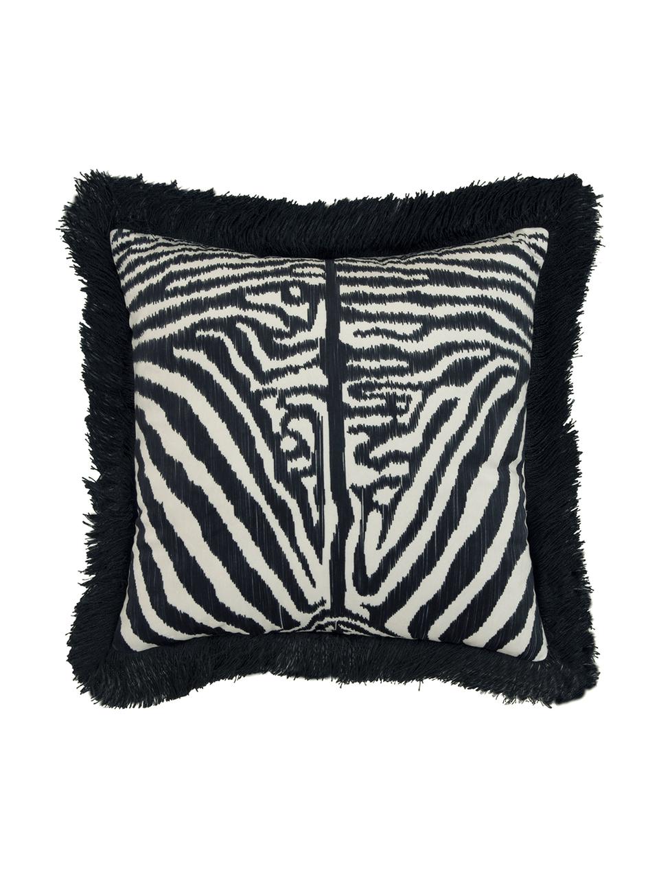 Samt-Kissenhülle Pheneas mit Zebraprint und Fransen, Vorderseite: Polyestersamt, Rückseite: Baumwolle, Fransen: Viskose, Schwarz, Cremeweiß, 40 x 40 cm