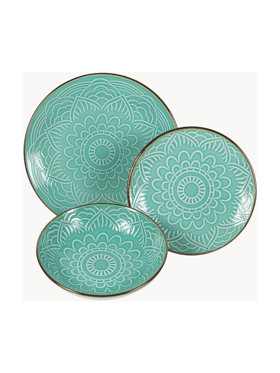 Serviesset Baku met ornament reliëf, 6 personen (18-delig), Keramiek, Turquoise, Set met verschillende formaten