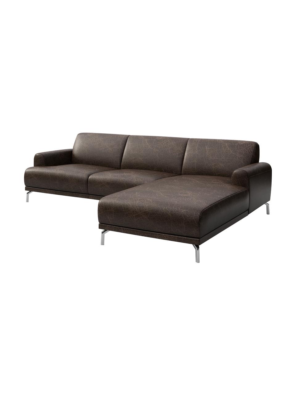 Sofa narożna ze skóry Puzo, Tapicerka: 100% skóra, Nogi: metal lakierowany, Ciemny brązowy z wykończeniem vintage, S 240 x G 165 cm