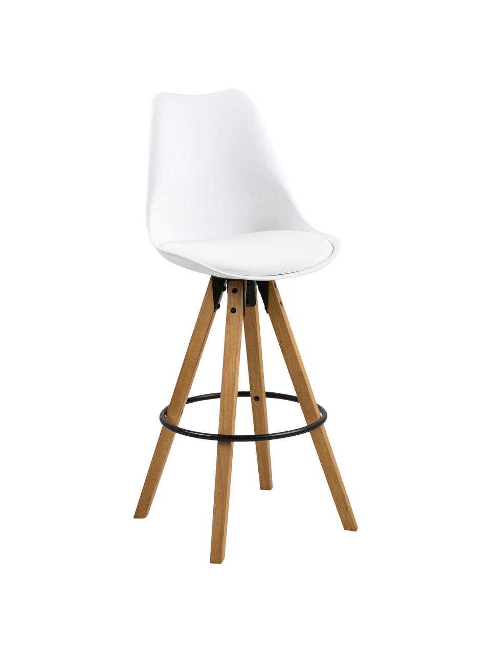 Taburetes altos Dima, 2 uds., Asiento: poliuretano, Tapizado: poliéster, Patas: madera de caucho, aceitad, Blanco, An 49 x Al 112 cm