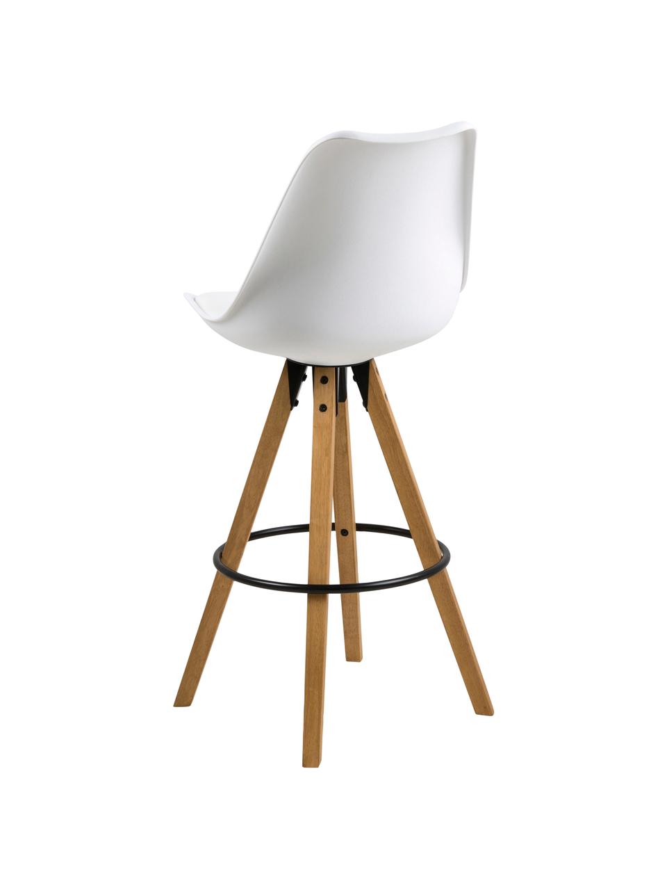 Taburetes altos Dima, 2 uds., Asiento: poliuretano, Tapizado: poliéster, Patas: madera de caucho, aceitad, Blanco, An 49 x Al 112 cm