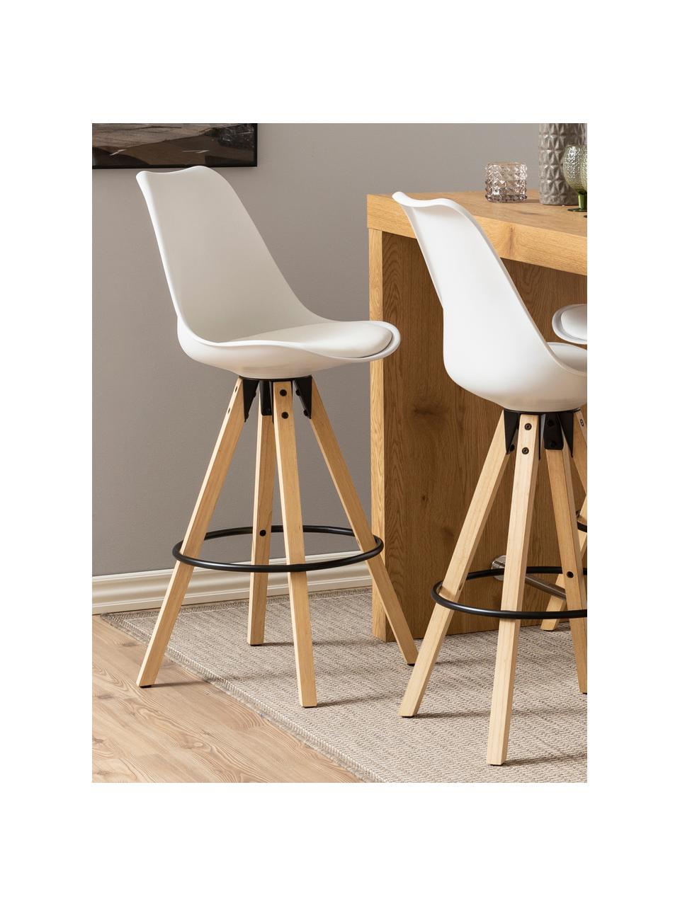 Barová židle Dima, 2 ks, Sedák: bílá Nohy: kaučukové dřevo Opěrka noh: černá, Š 49 cm, V 112 cm