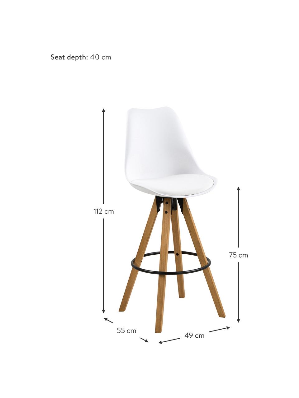 Barkrukken Dima in wit, 2 stuks, Zitvlak: polyurethaan, Bekleding: polyester, Poten: geolied rubberhout, Zitvlak: wit. Poten: rubberhoutkleurig. Voetsteun: zwart, B 49 x H 112 cm