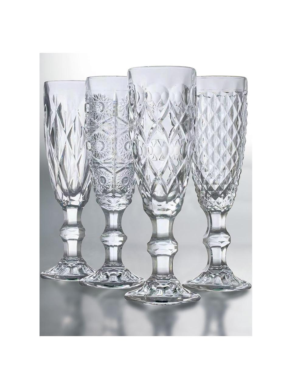 Champagneglas Geometric met structuurpatroon, 4-delig, Glas, Transparant, Ø 6 x H 20 cm, 130 ml