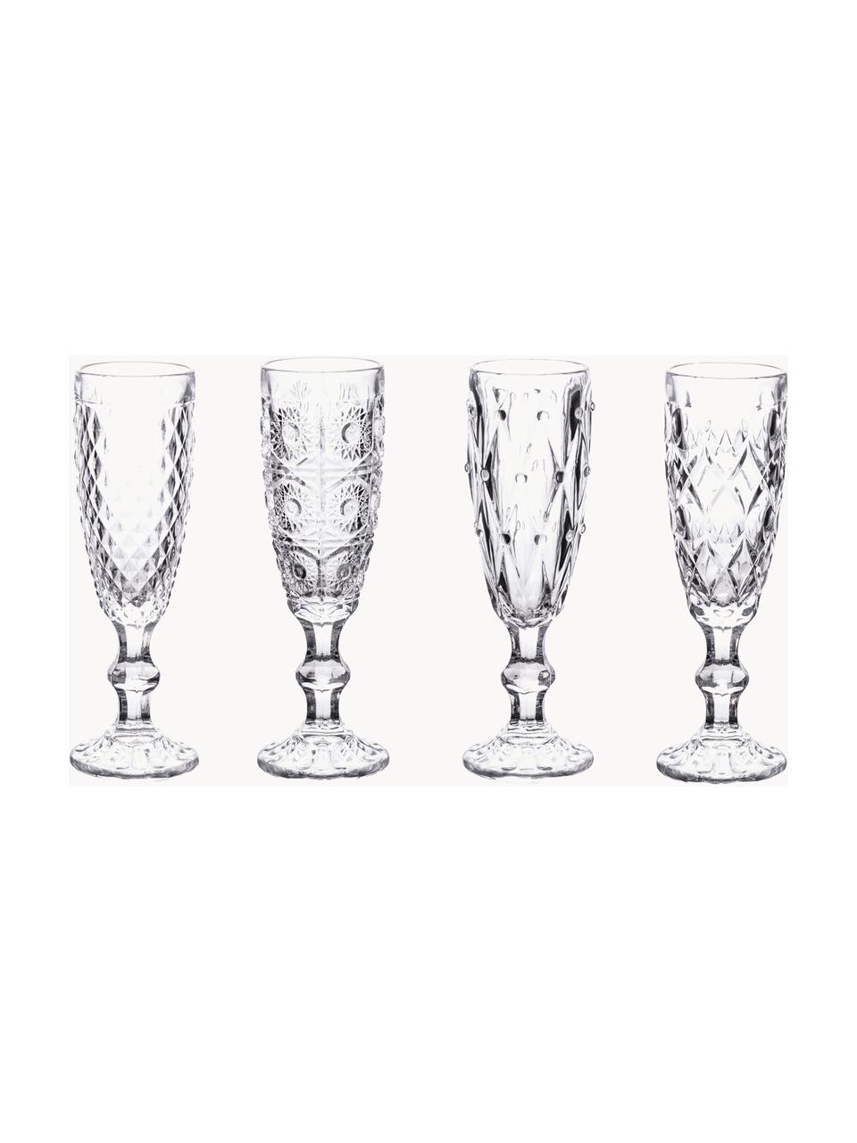 Set 4 flute da champagne con motivo strutturato Geometric, Vetro, Trasparente, Ø 6 x Alt. 20 cm, 130 ml