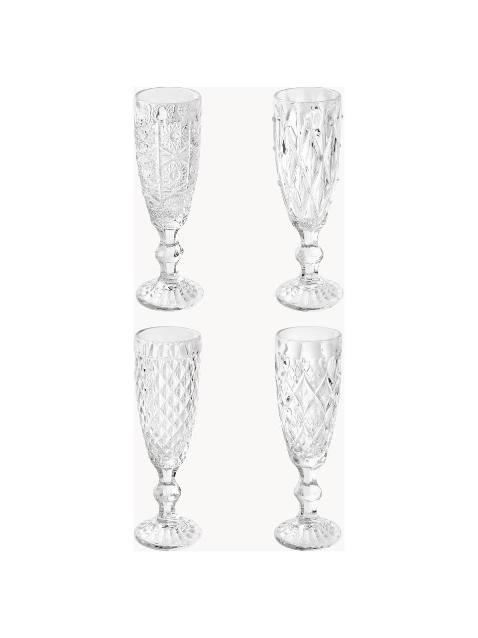 Champagneglas Geometric met structuurpatroon, set van 4, Glas, Transparant, Ø 6 x H 20 cm, 130 ml