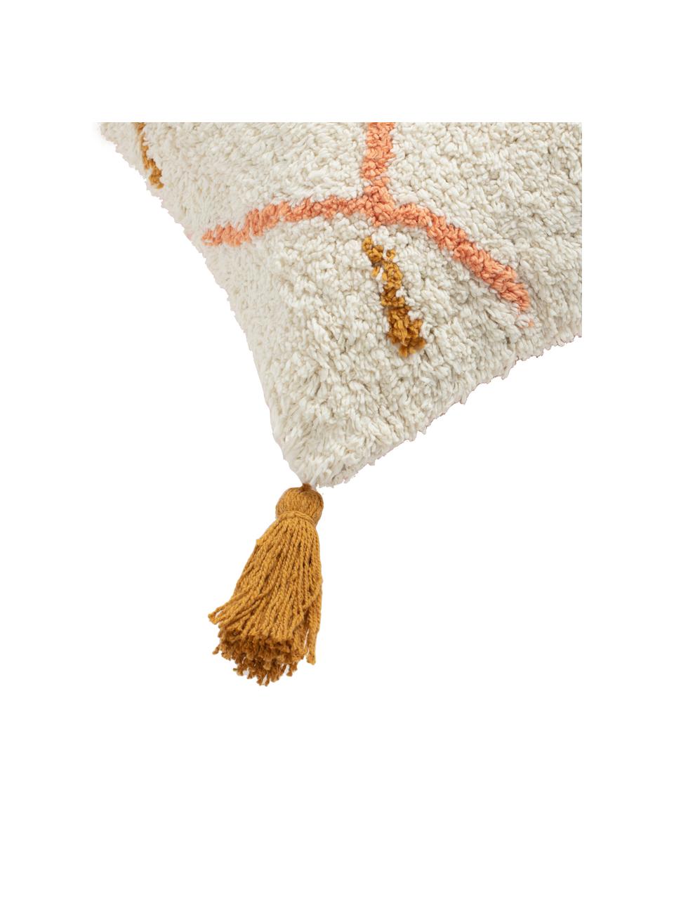 Flauschige Bohokissenhülle Asila mit bunten Quasten, 100% Baumwolle, Cremefarben, Mehrfarbig, 45 x 45 cm