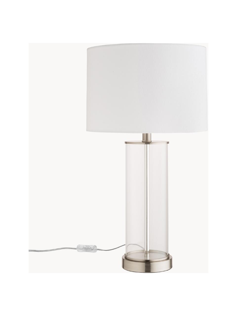 Lampada da tavolo grande in vetro e lino Abigail, Paralume: lino, Base della lampada: vetro, Bianco, argentato, Ø 32 x Alt. 61 cm