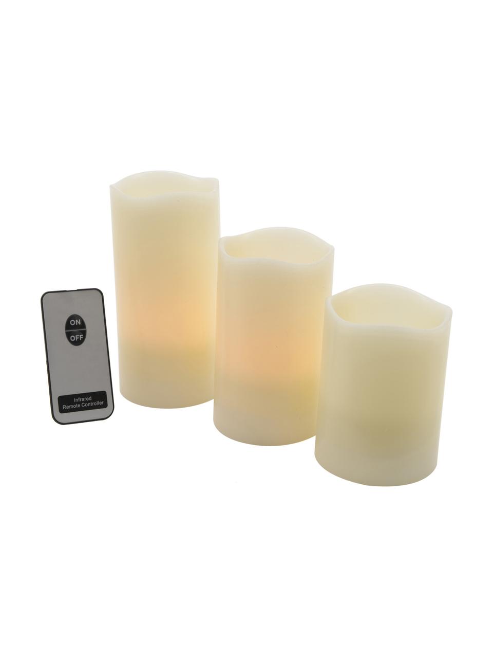 Set de velas LED con mando Warm, 3 pzas., Plástico, Crudo, Ø 8 x Al 15 cm