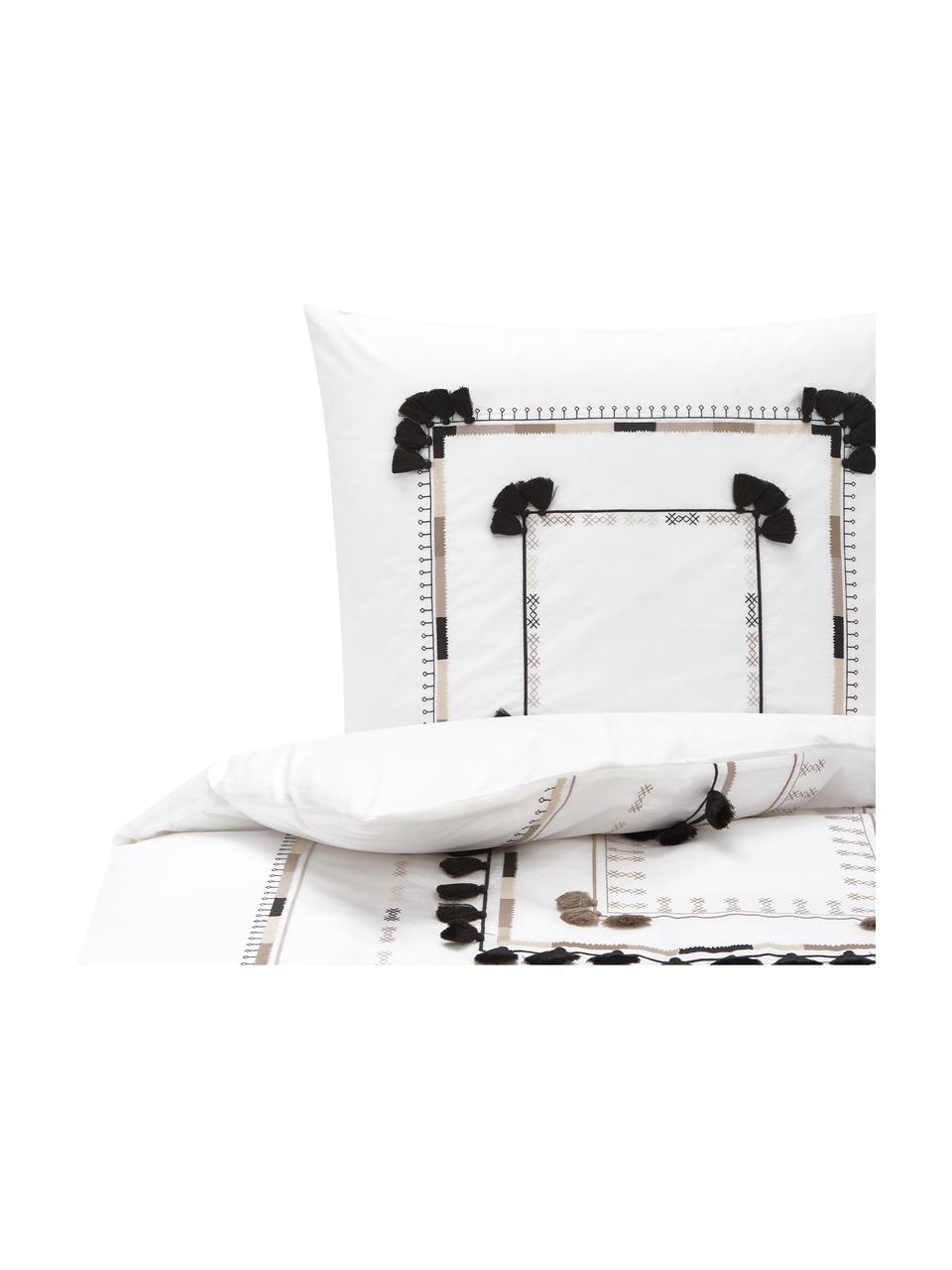 Vyšívaná posteľná bielizeň z bavlneného perkálu Inda, Biela, béžová, čierna, 135 x 200 cm + 1 vankúš 80 x 80 cm