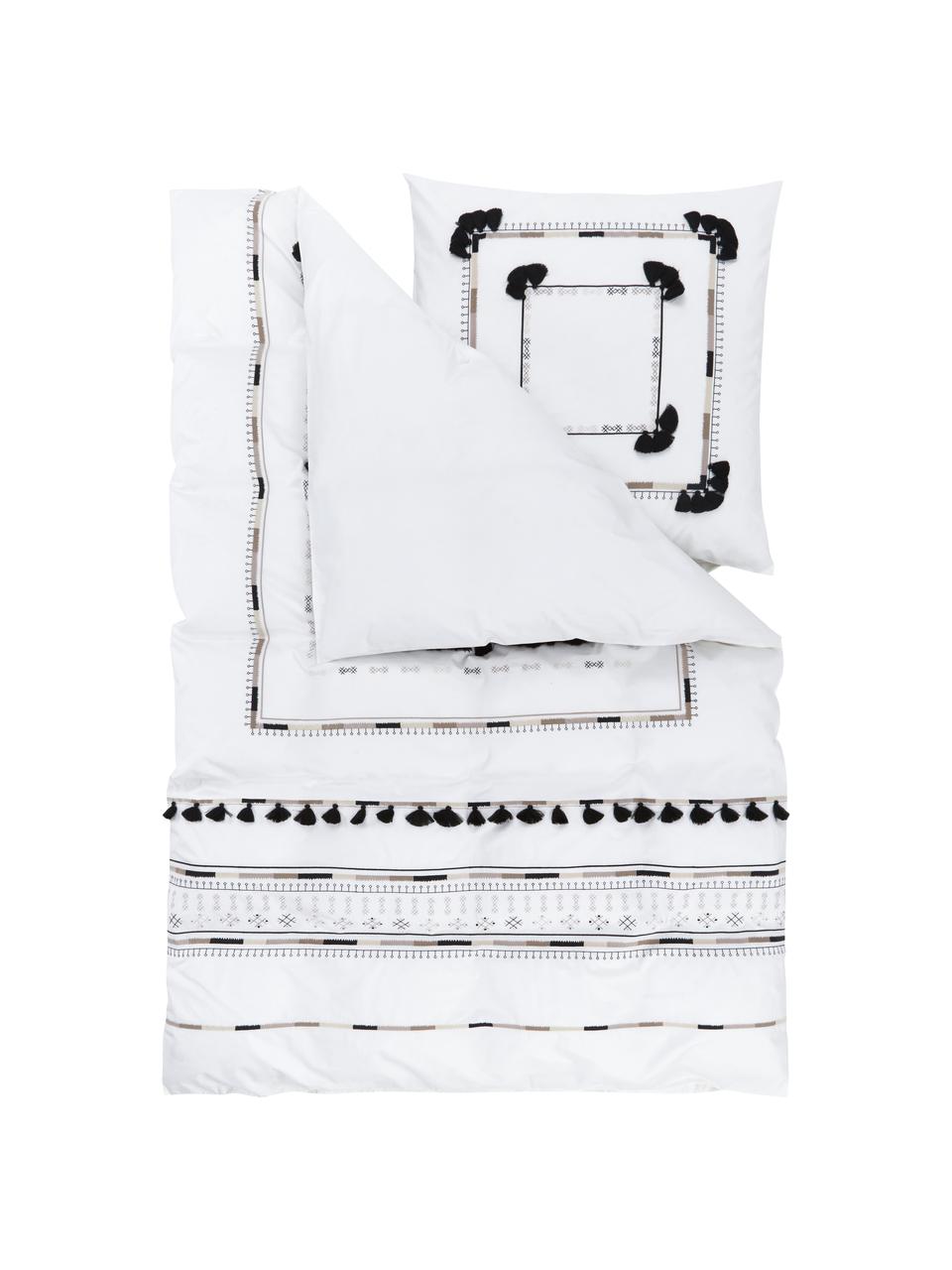 Haftowana pościel z bawełny z chwostami Inda, Biały, 135 x 200 cm + 1 poduszka 80 x 80 cm