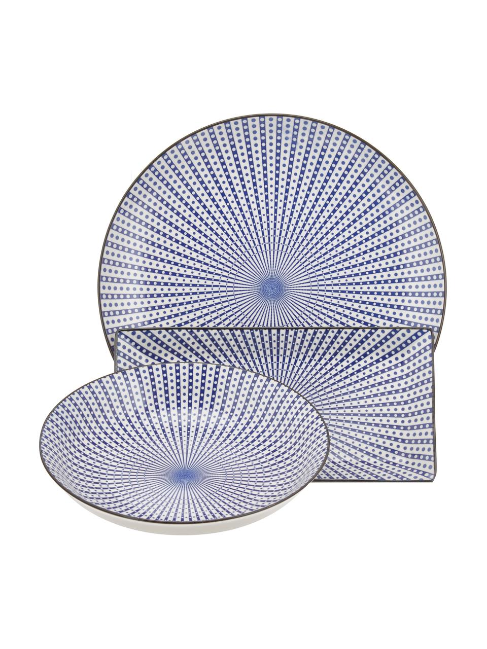 Sada nádobí s jemným vzorem Skiathos, pro 6 osob (18 dílů), Odstíny modré, tlumeně bílá Okraje: antracitová