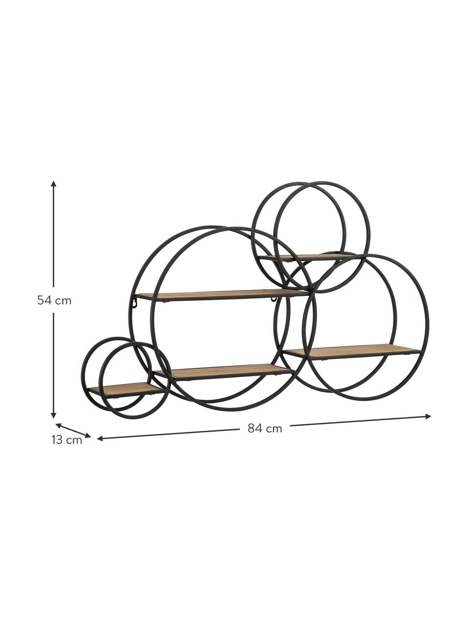 Wandregal Circles aus Holz und Metall, Gestell: Metall, beschichtet, Einlegeböden: Mitteldichte Holzfaserpla, Schwarz, Braun, B 84 x H 54 cm