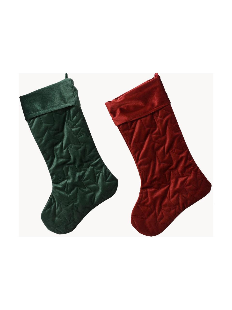 Set 2 calze in velluto Magical, 100% poliestere (velluto), Velluto verde scuro, rosso scuro, Larg. 18 x Alt. 45 cm