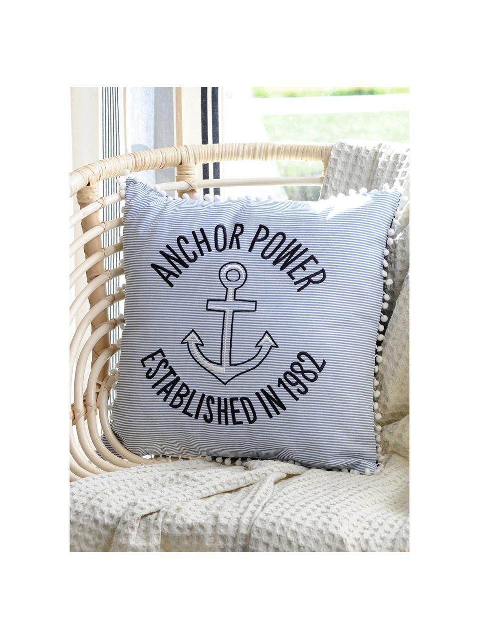 Coussin blanc à lettrage noir, avec pompons Guernezey Anchor, Blanc, bleu