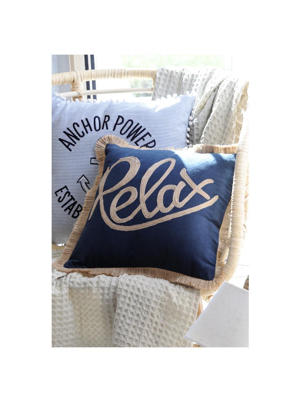 Coussin blanc à lettrage noir, avec pompons Guernezey Anchor, Blanc, bleu