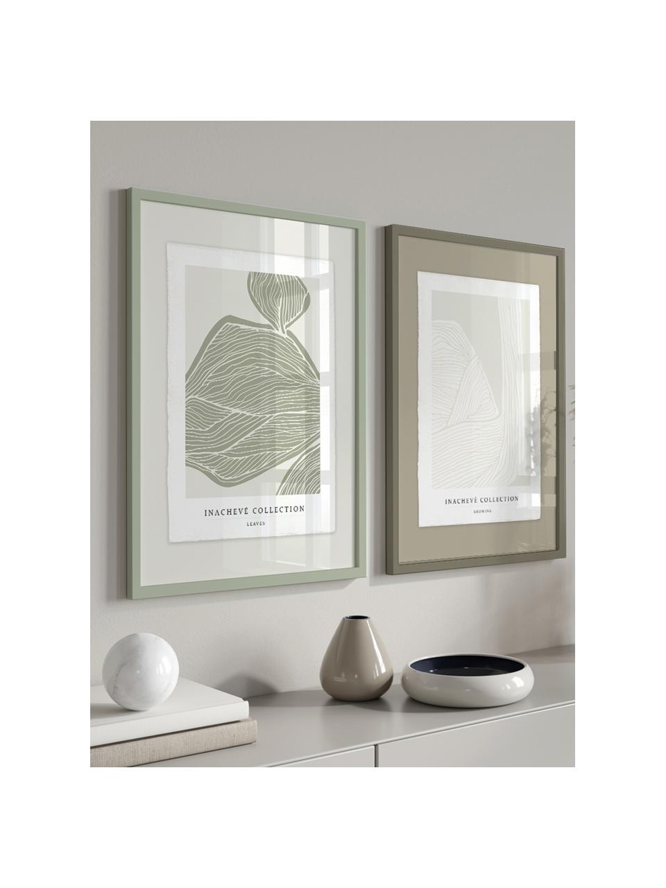 Impression numérique encadrée Leaves, artisanale, Vert olive, blanc, larg. 73 x haut. 103 cm