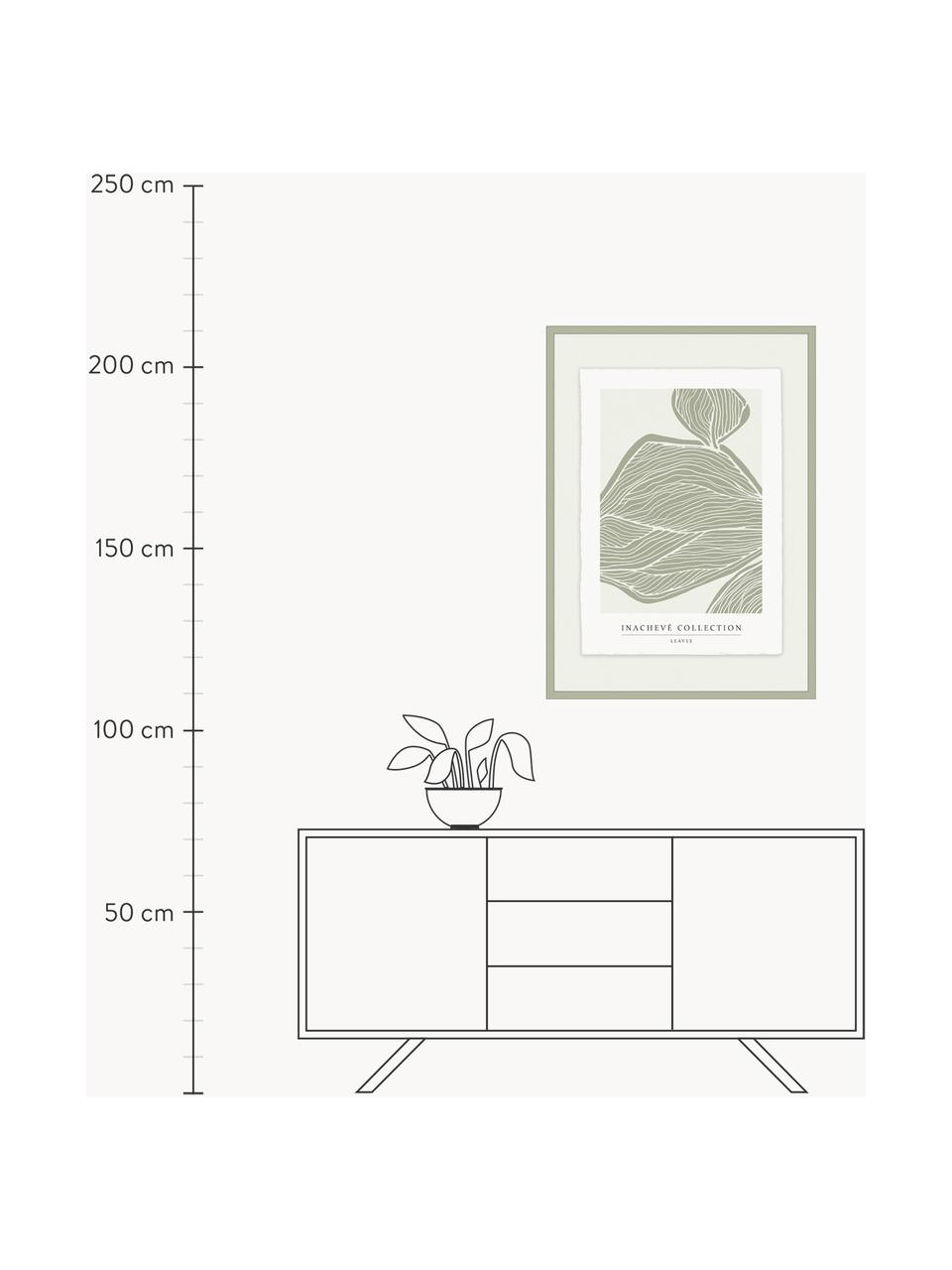 Impression numérique encadrée Leaves, artisanale, Vert olive, blanc, larg. 73 x haut. 103 cm