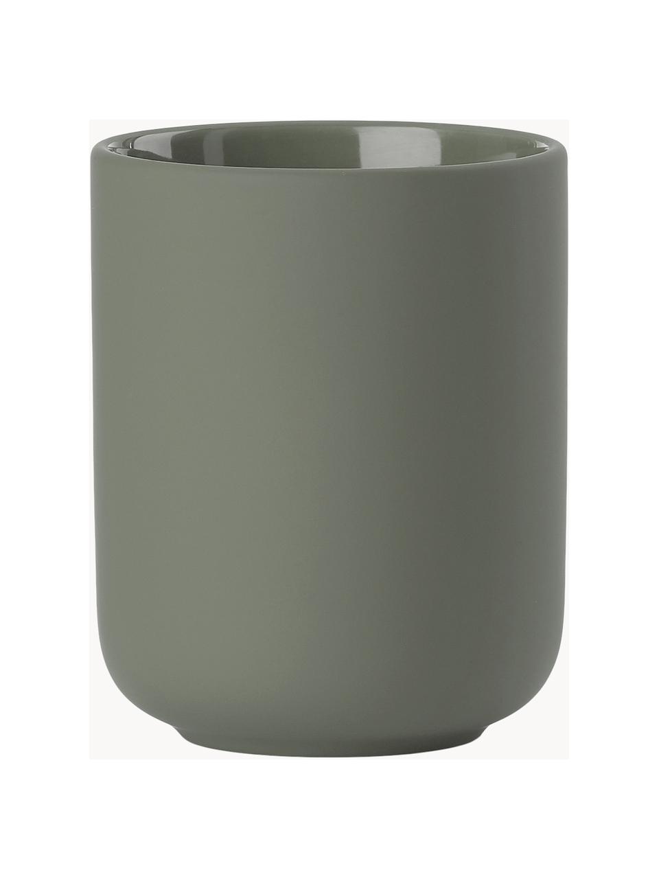 Porta spazzolino con superficie soft-touch Ume, Gres rivestito con superficie soft-touch (plastica), Verde oliva, Ø 8 x Alt. 10 cm