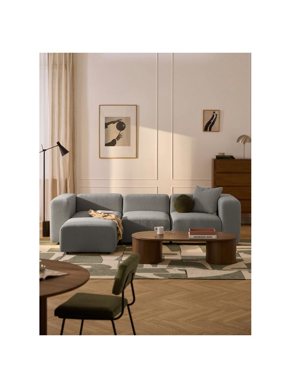 Modulares Bouclé-Sofa Lena (4-Sitzer) mit Hocker, Bezug: Bouclé (93 % Polyester, 6, Gestell: Buchenholz, Spanplatte, H, Füße: Kunststoff, Bouclé Grau, B 287 x T 181 cm